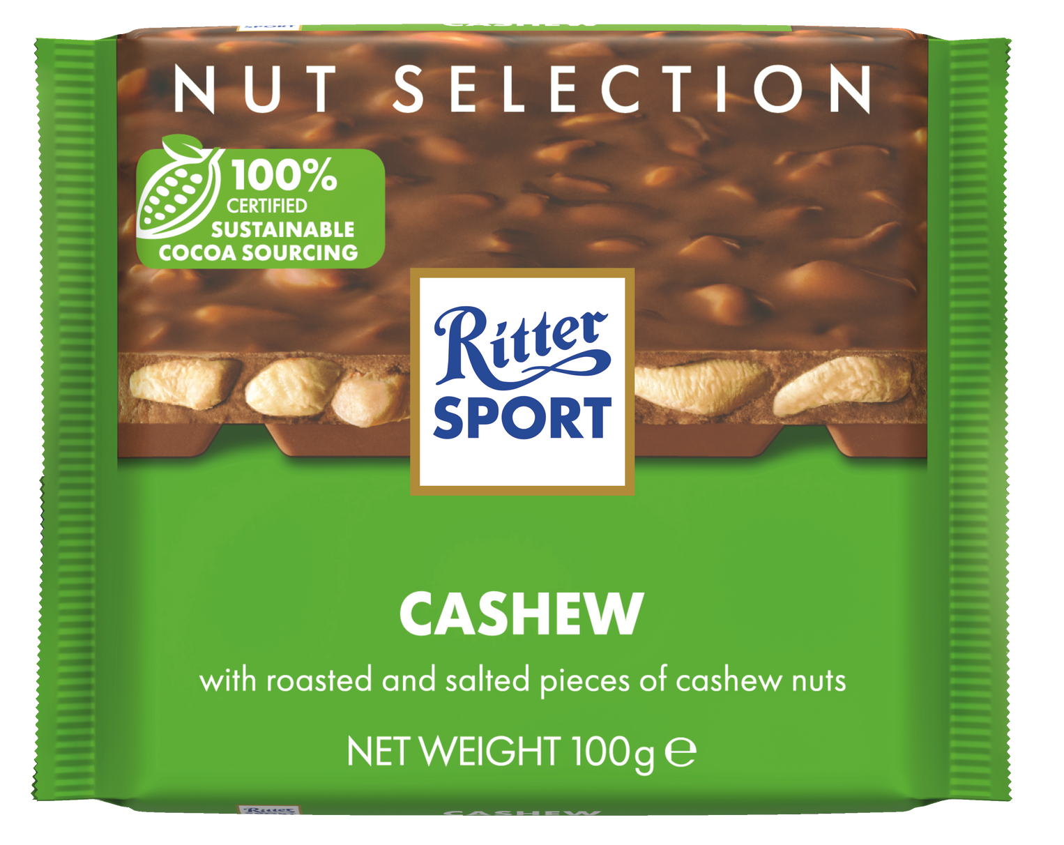 Ritter sport nut selection cashew chocolate bar with roasted and salted pieces of cashew nuts