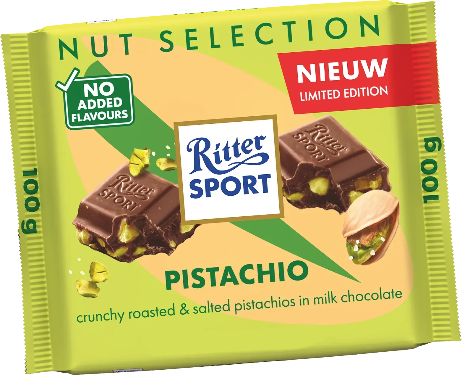 Ritter Sport pistache chocolade reep. Groene wikkel met chocoladestukjes, pistachenoten en tekst.
