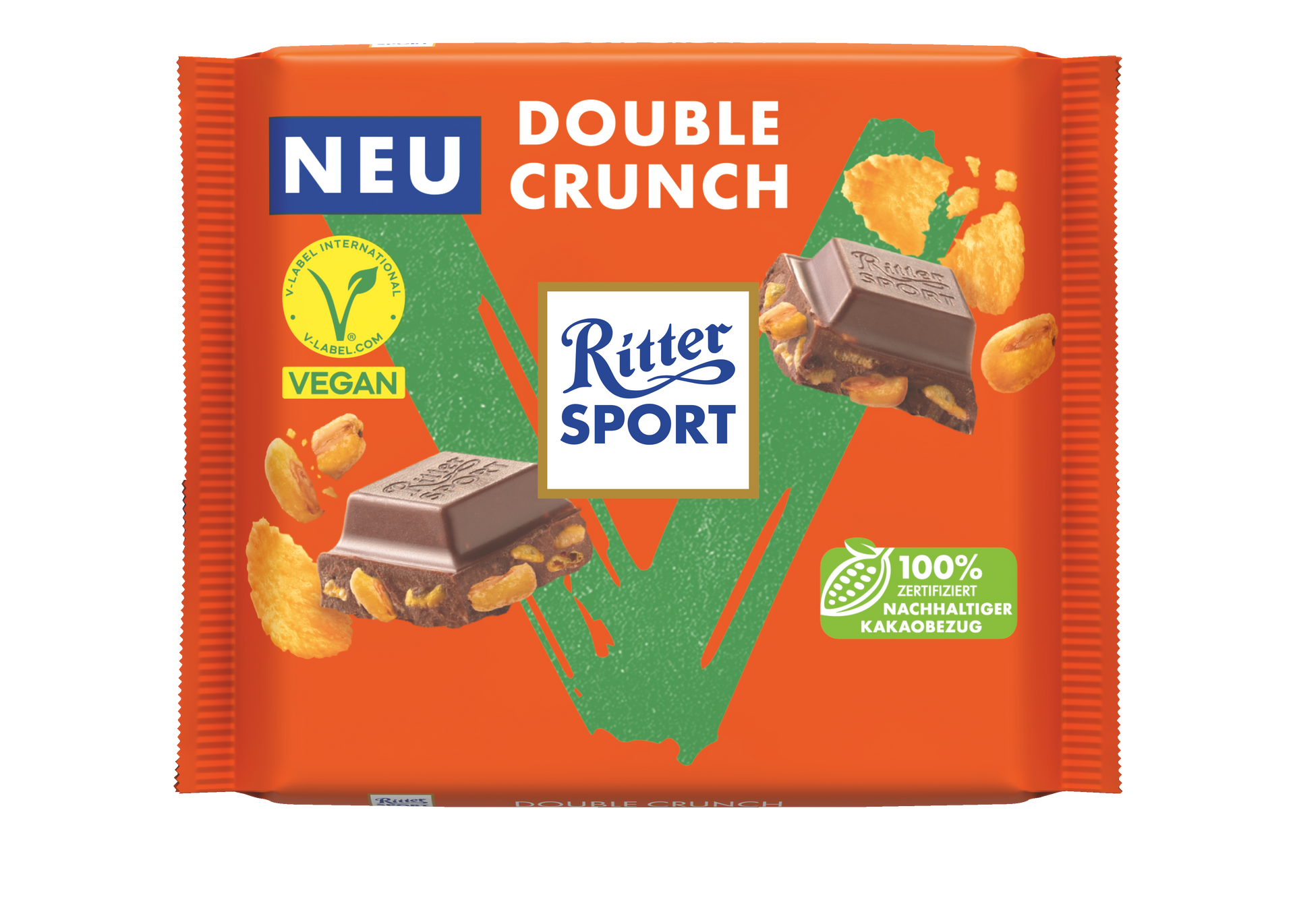 Ritter Sport Double Crunch chocolate bar with vegan label and chips on orange packaging.