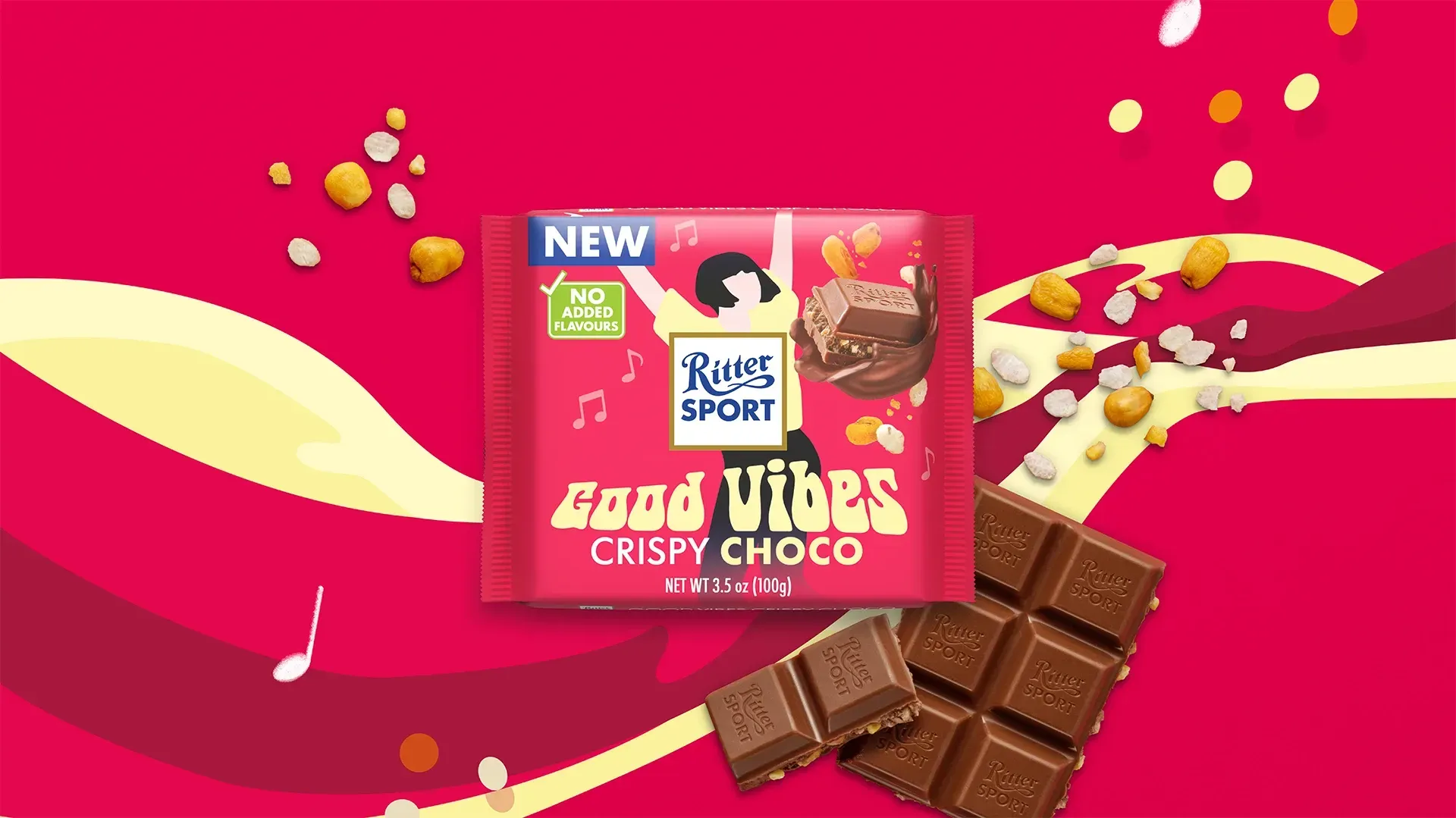 Ritter Sport chocolate bar packaging with cocoa beans, broken chocolate, and milk on a blue background.