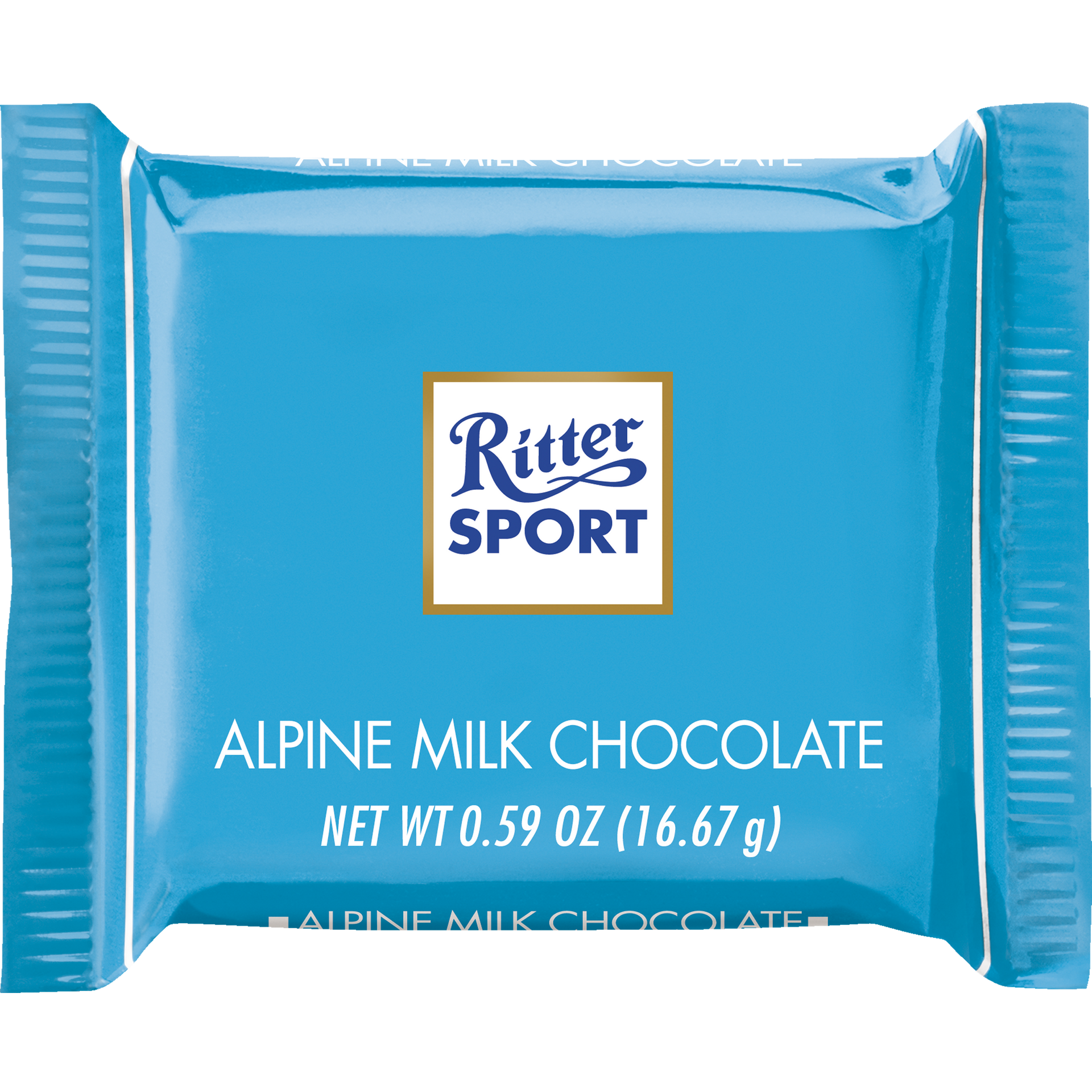 A blue package of ritter sport alpine milk chocolate