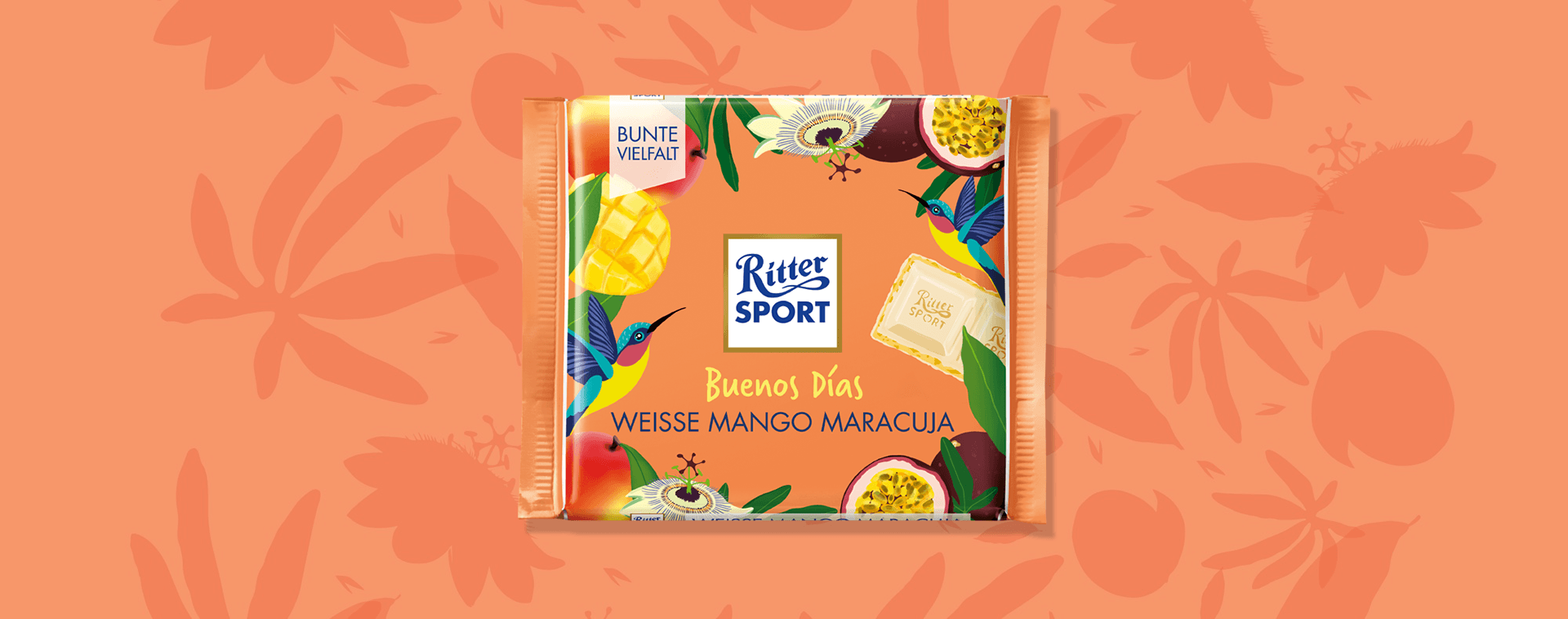 Eine Ritter Sport-Schokolade mit tropischen Früchten darauf