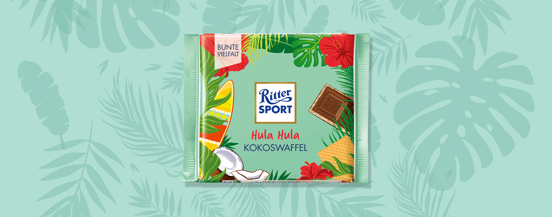 Eine Ritter Sport Schokolade mit tropischem Design