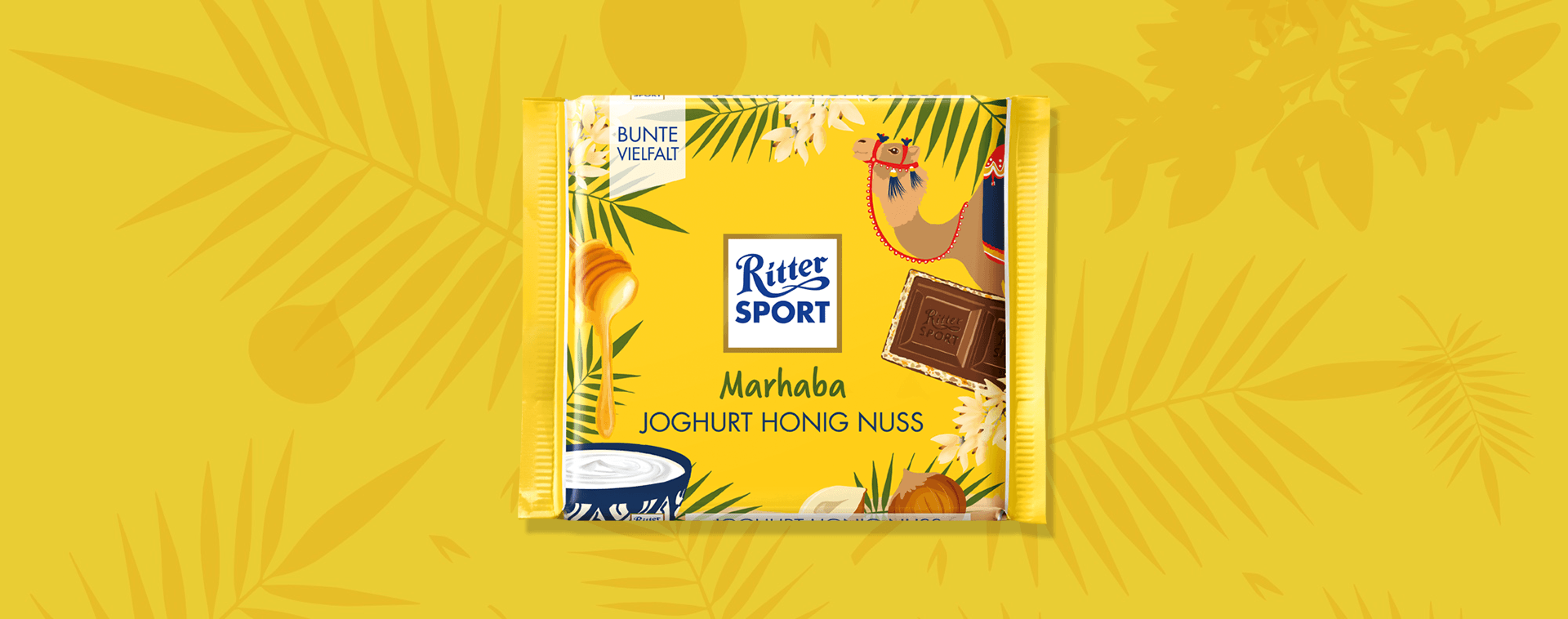 Eine gelbe Ritter Sport Schokolade auf gelbem Hintergrund