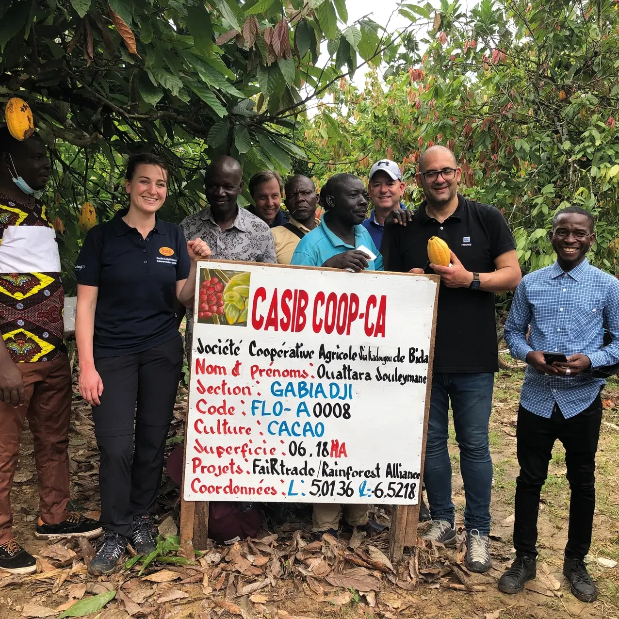 A group of people standing in front of a sign that clarifies a cocoa partnership