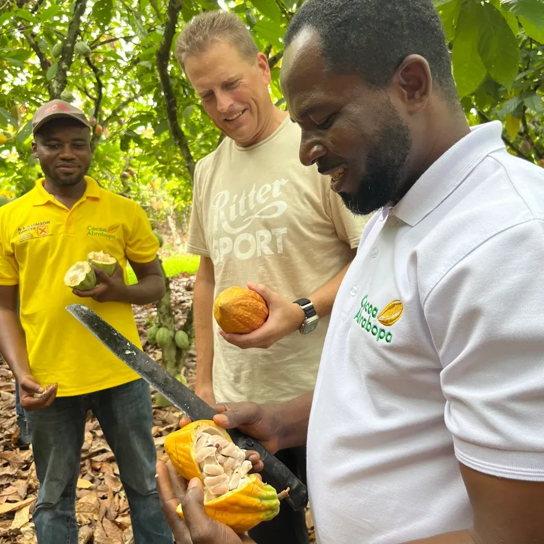 A man in a blue shirt is standing next to a man in a red shirt at a cocoa farm