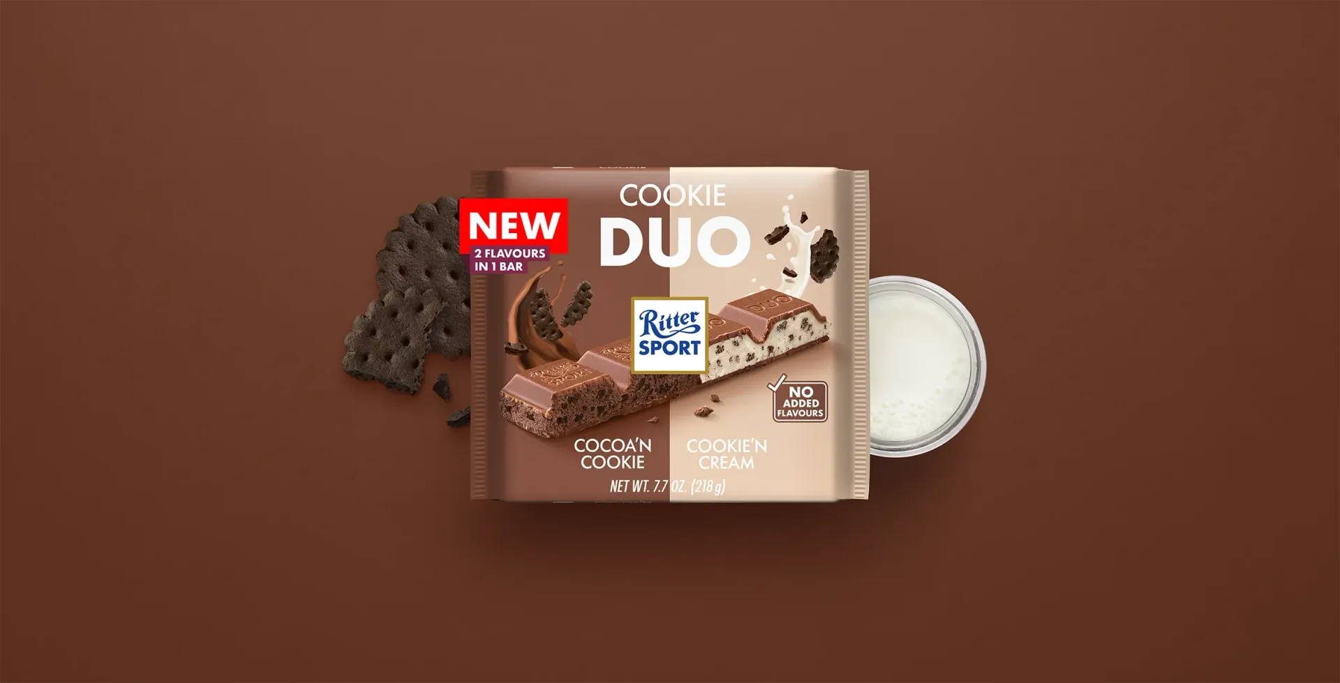 Ritter Sport chocolate bar packaging with cocoa beans, broken chocolate, and milk on a blue background.