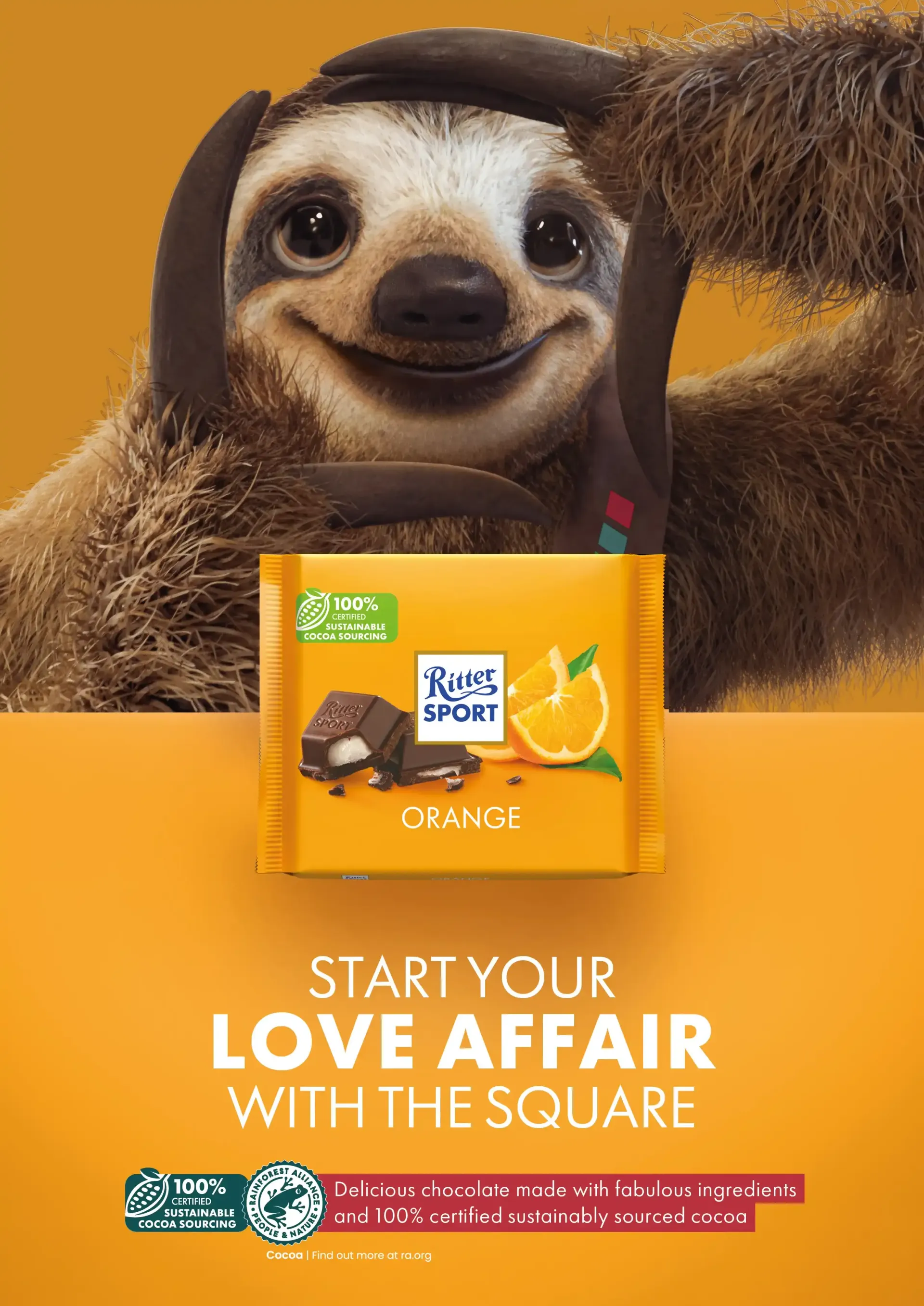Sloth holding a Ritter Sport Orange chocolate bar, smiling. Orange background, tagline: