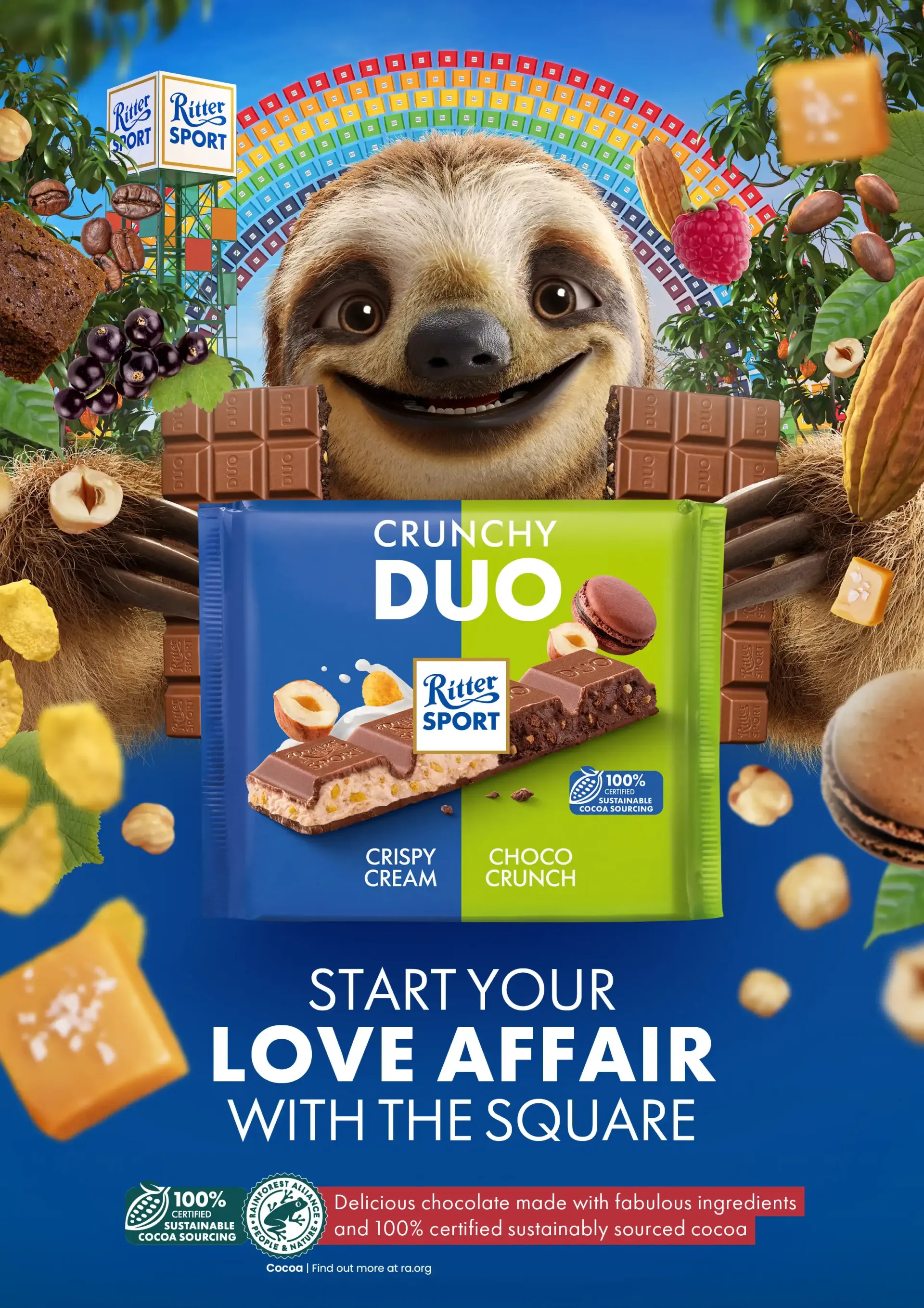 Smiling sloth with rainbow, two chocolate bars, hazelnut and choco crunch, with caramel.