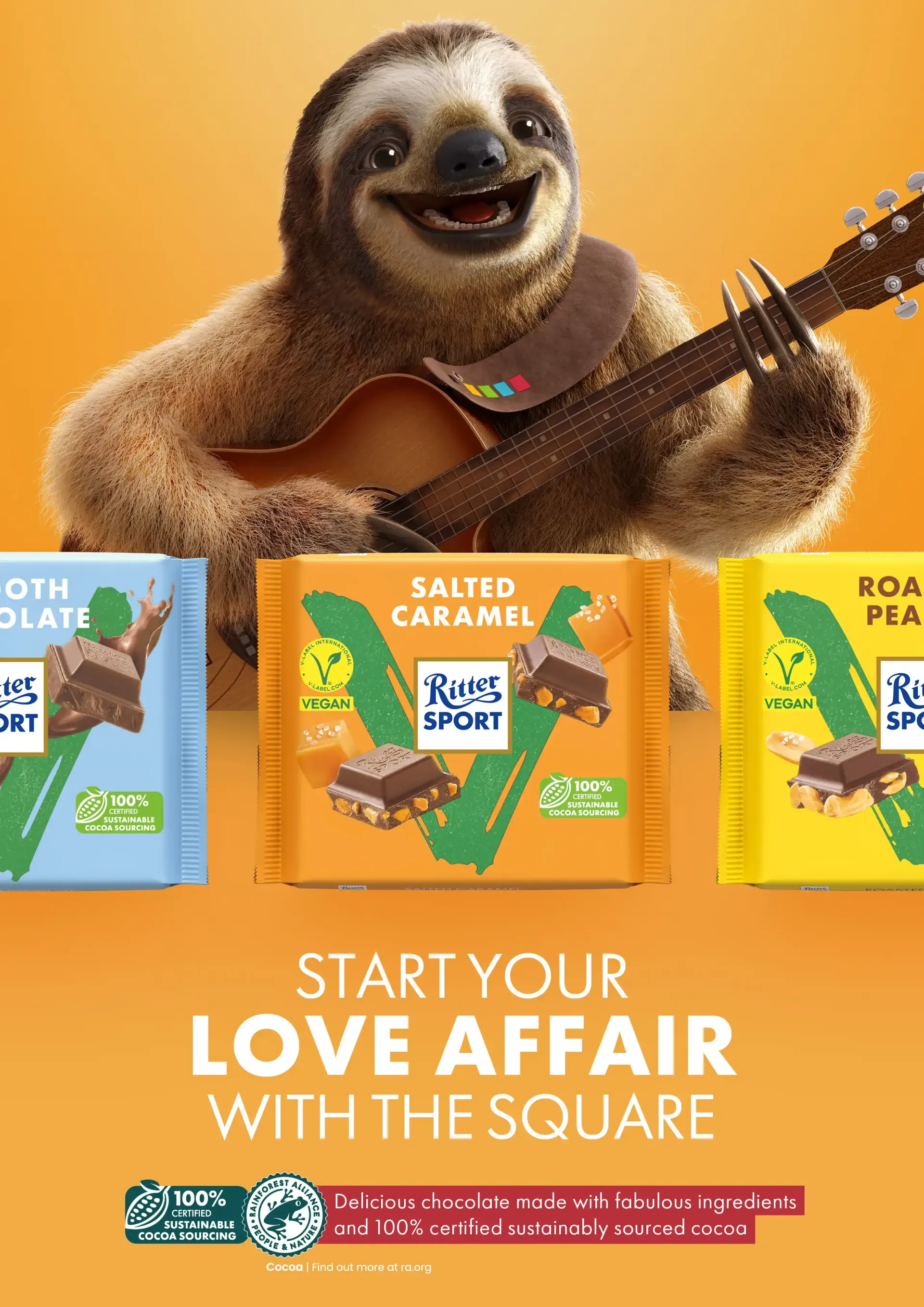 Sloth playing guitar, smiling, with chocolate bars, text