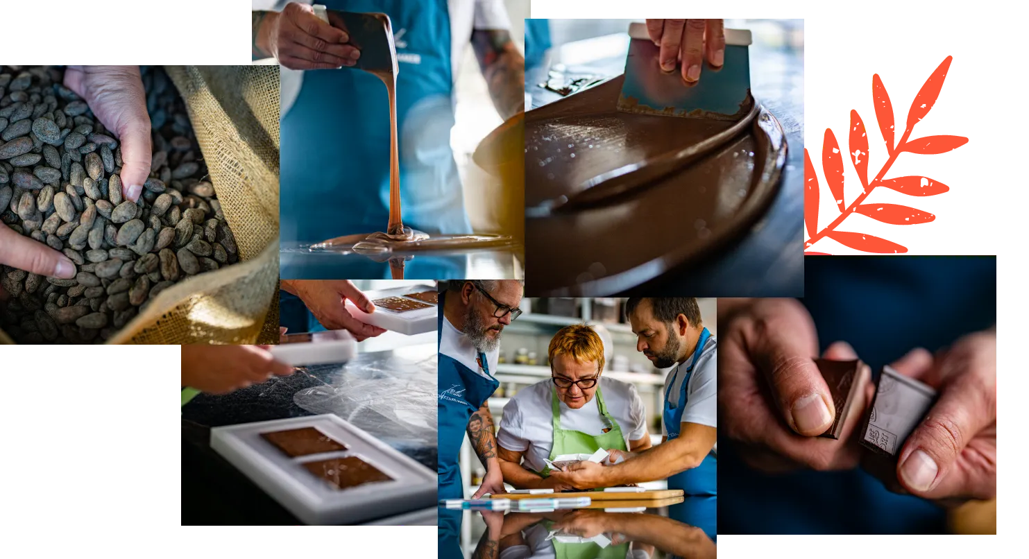 Eine Collage aus Fotos, die Menschen zeigen, die Schokolade herstellen