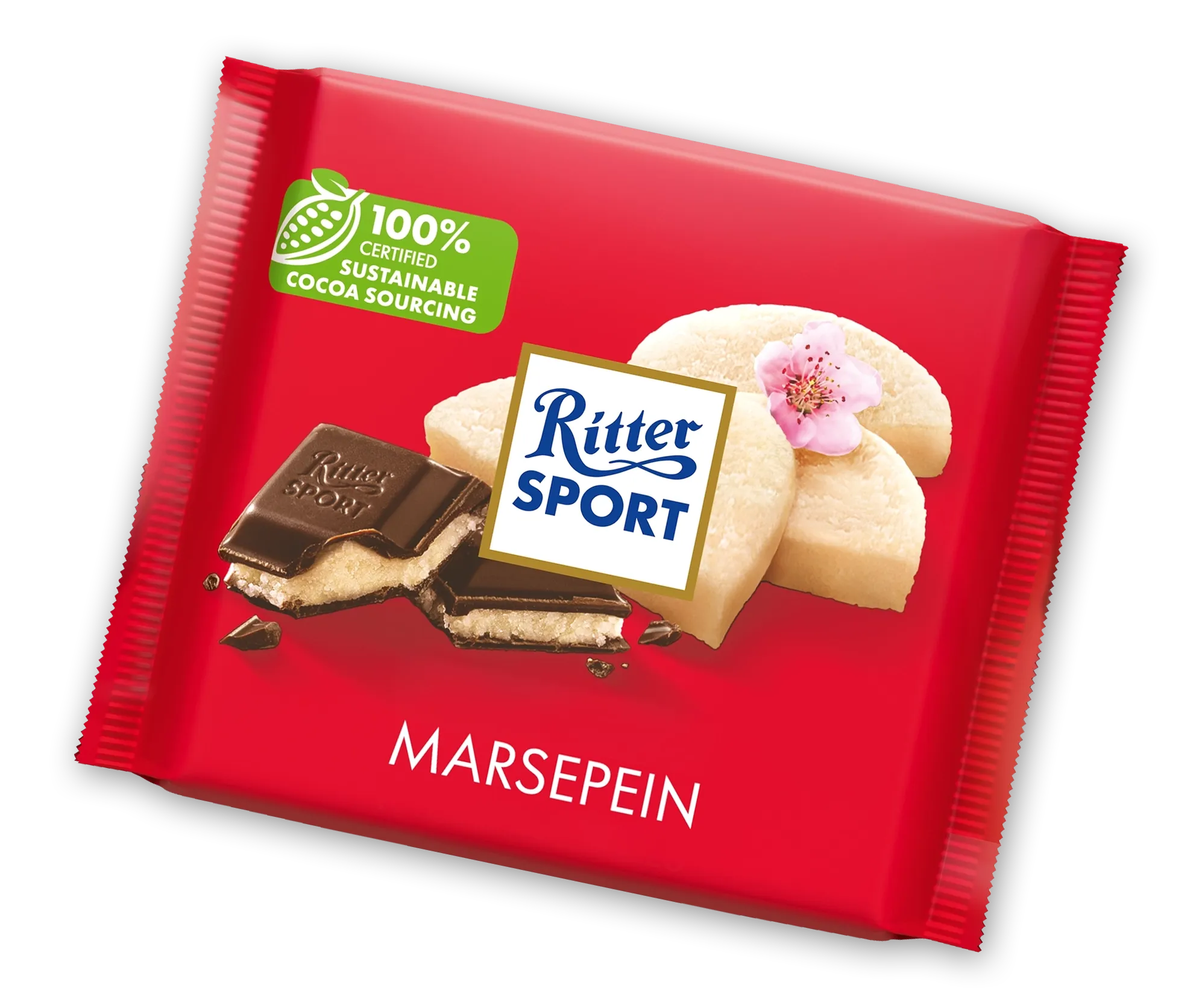 Ritter Sport marsepeinchocoladereep in rode verpakking met amandelstukjes en 100% duurzame cacao-badge