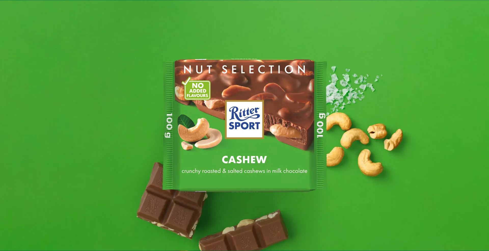 Ritter Sport chocolate bar packaging with cocoa beans, broken chocolate, and milk on a blue background.