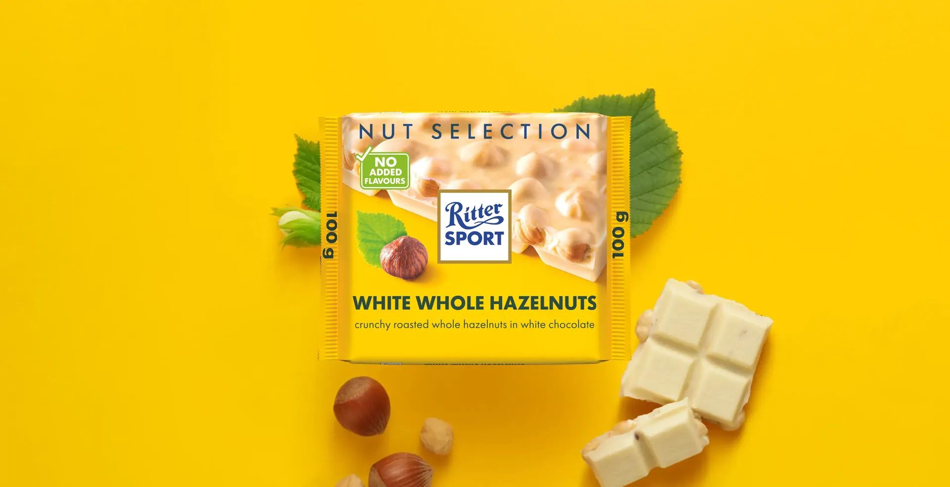 Ritter Sport chocolate bar packaging with cocoa beans, broken chocolate, and milk on a blue background.