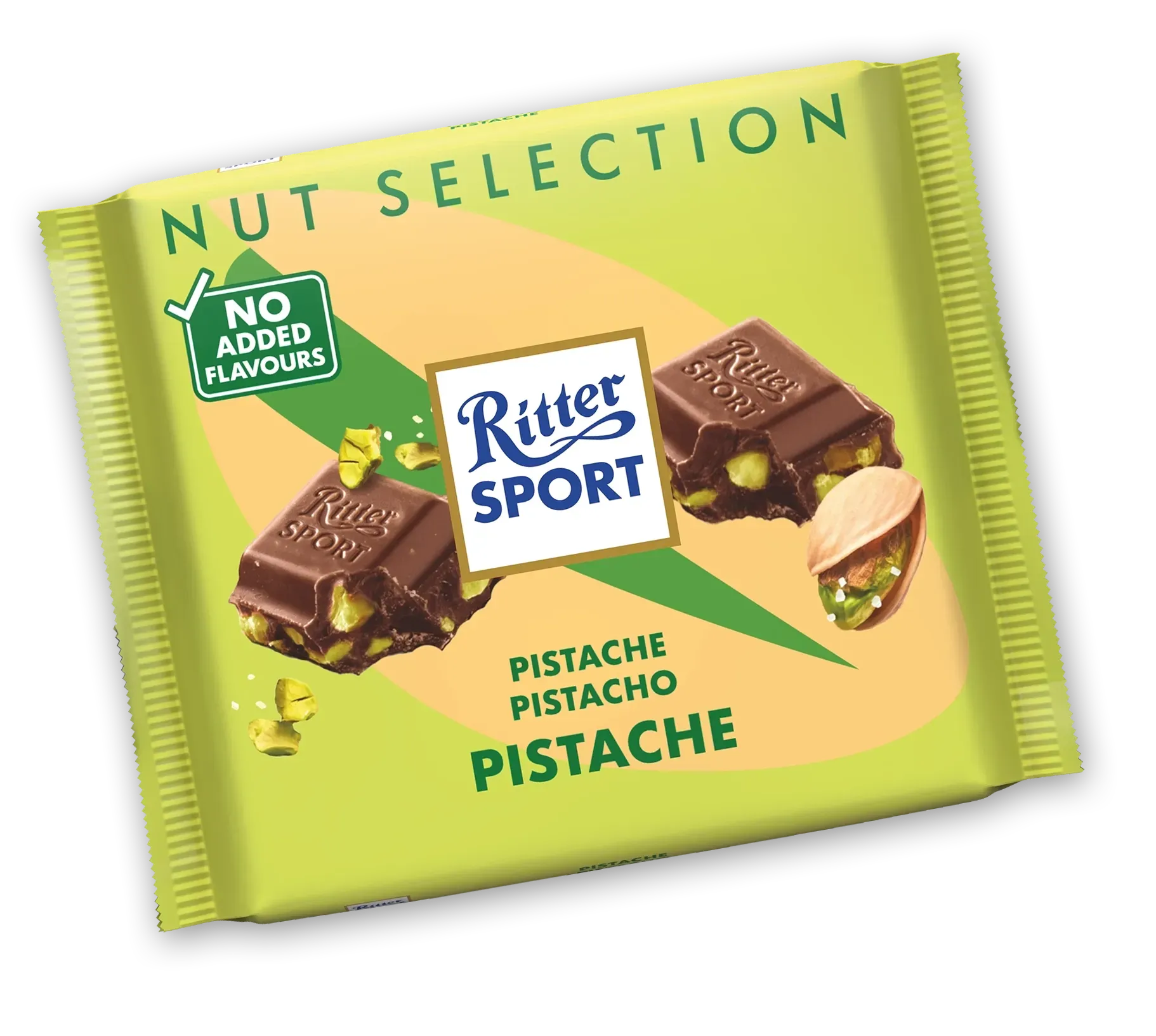 Verpakking met Ritter Sport Pistache-chocoladereepselectie in groene en gele verpakking.