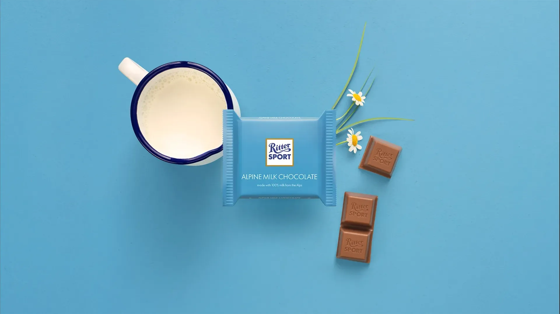 Ritter Sport chocolate bar packaging with cocoa beans, broken chocolate, and milk on a blue background.
