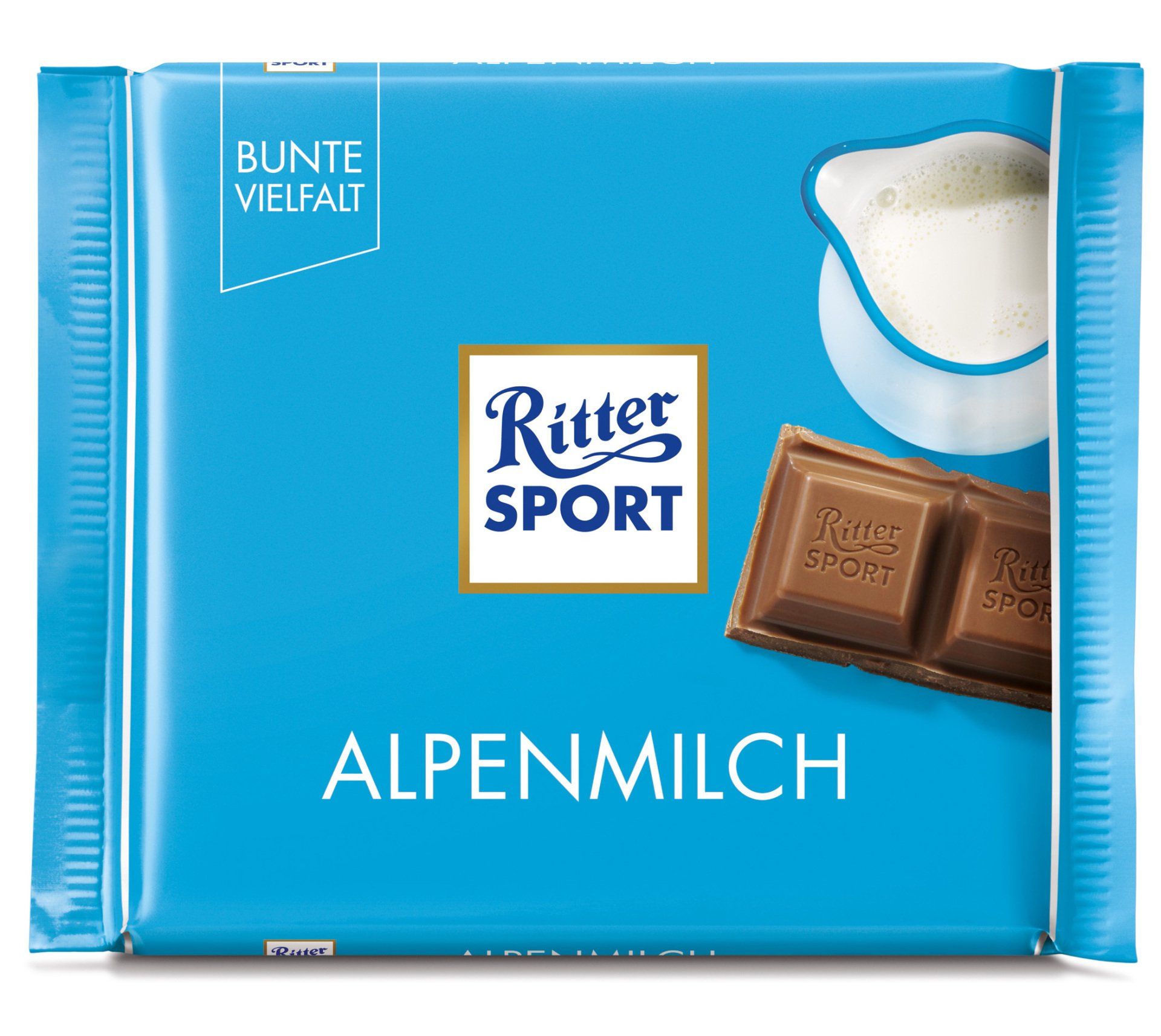 A blue package of ritter sport alpenmilch chocolate