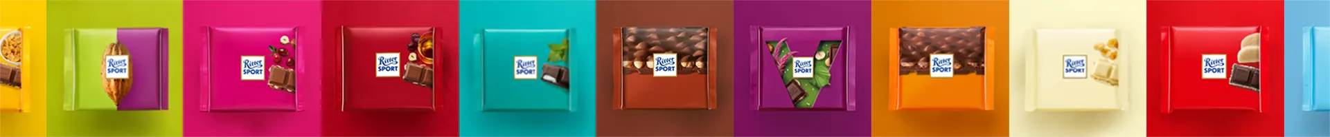 Eine Reihe bunter Ritter Sport Schokoladen