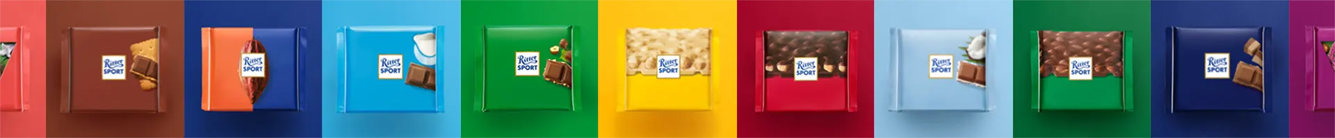 Eine Reihe bunter Ritter Sport Schokoladen