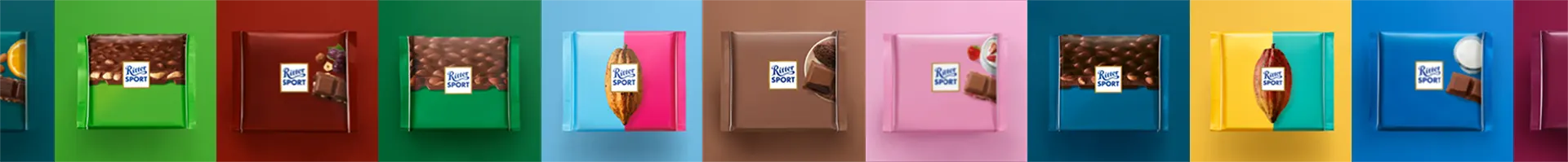 Eine Reihe bunter Ritter Sport Schokoladen