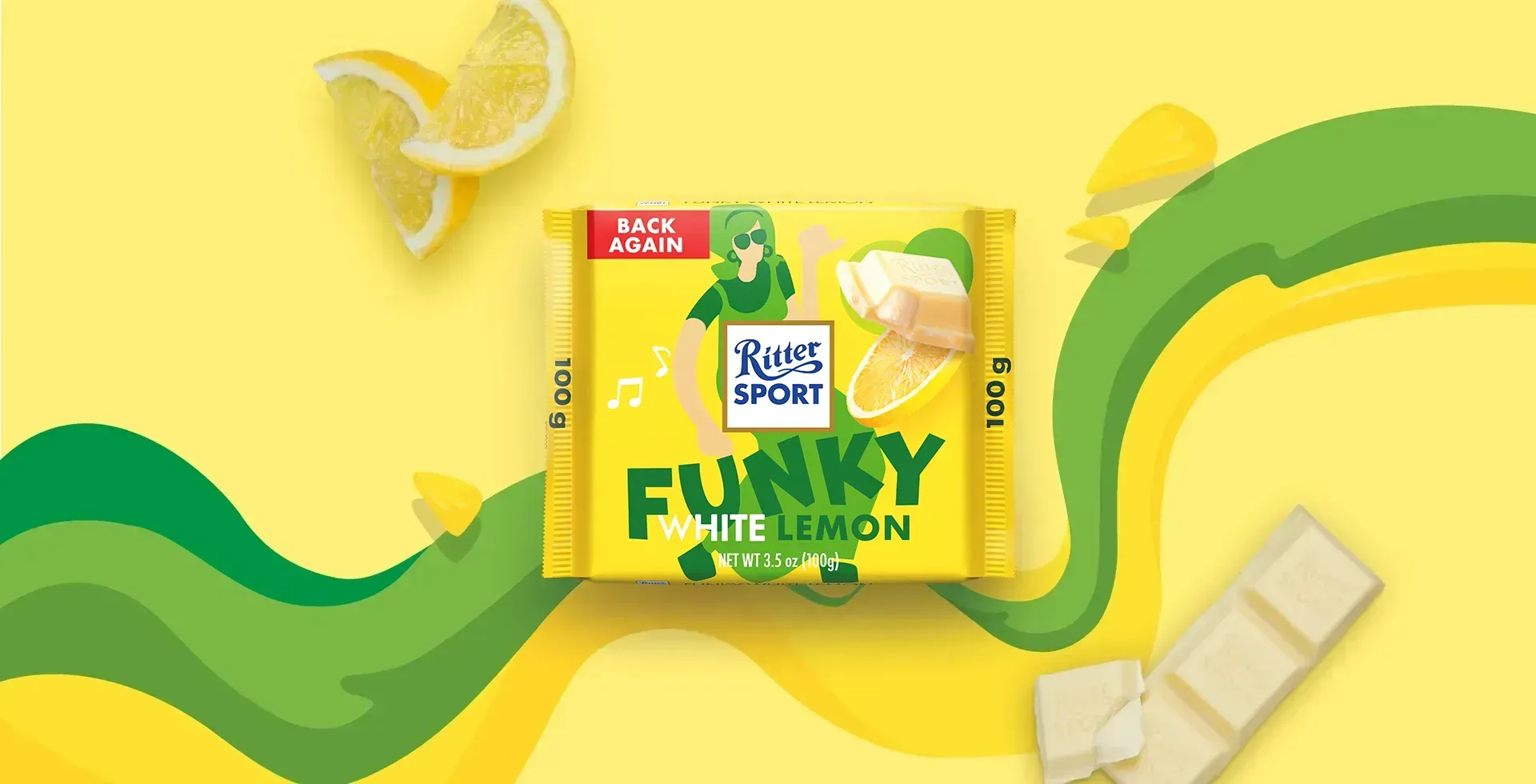 Ritter Sport chocolate bar packaging with cocoa beans, broken chocolate, and milk on a blue background.