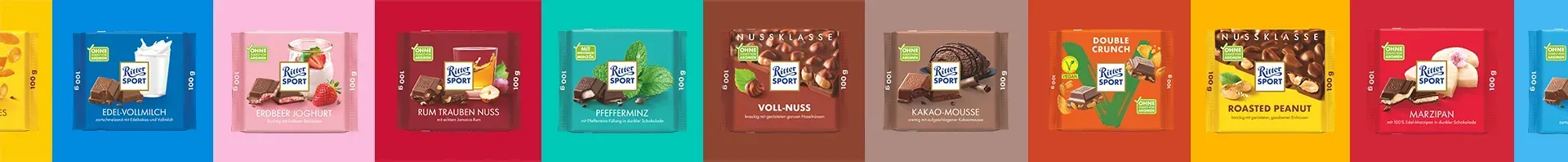Eine Reihe bunter Ritter Sport Schokoladentafeln