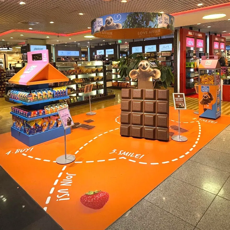 Orange floor display in a shop, featuring chocolate, a sloth, and step-by-step instructions.