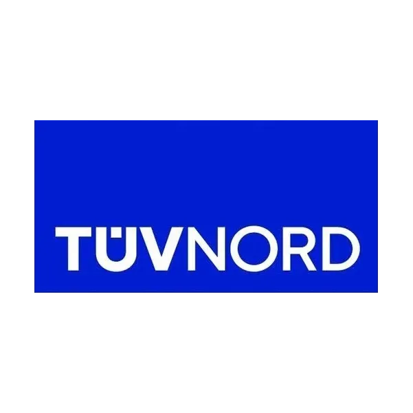 Blaues Rechteck mit weißer Schrift: TÜV Nord