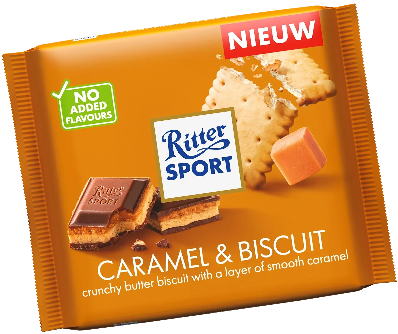 Ritter Sport Caramel & Biscuit snoepreepverpakking. Oranje wikkel met stukjes chocolade en biscuit. 