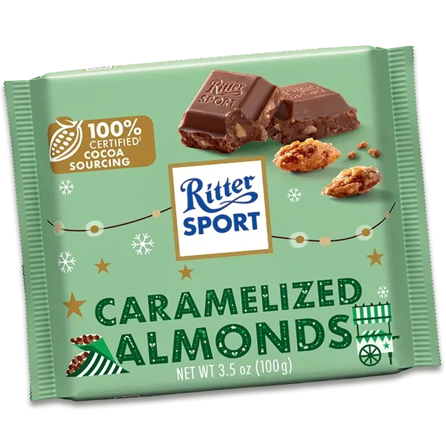 Ritter Sport Caramelized Almonds chocolate bar. Green packaging with chocolate and almonds.