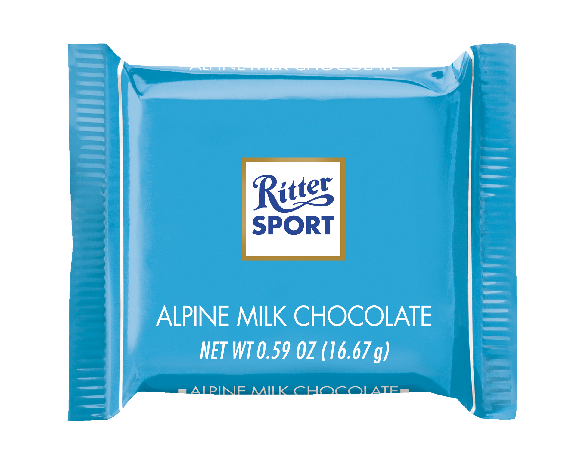 A blue package of ritter sport alpine milk chocolate