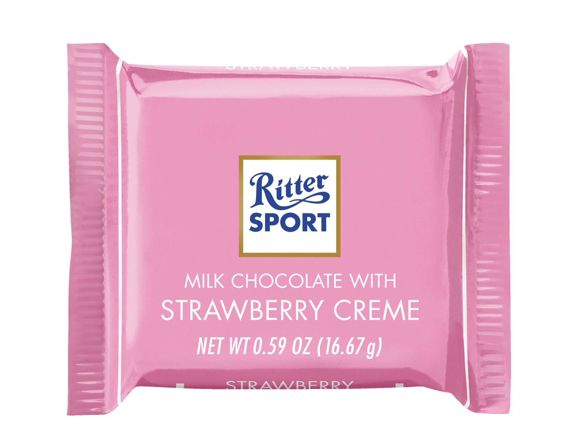 A pink package of ritter sport milk chocolate with strawberry creme