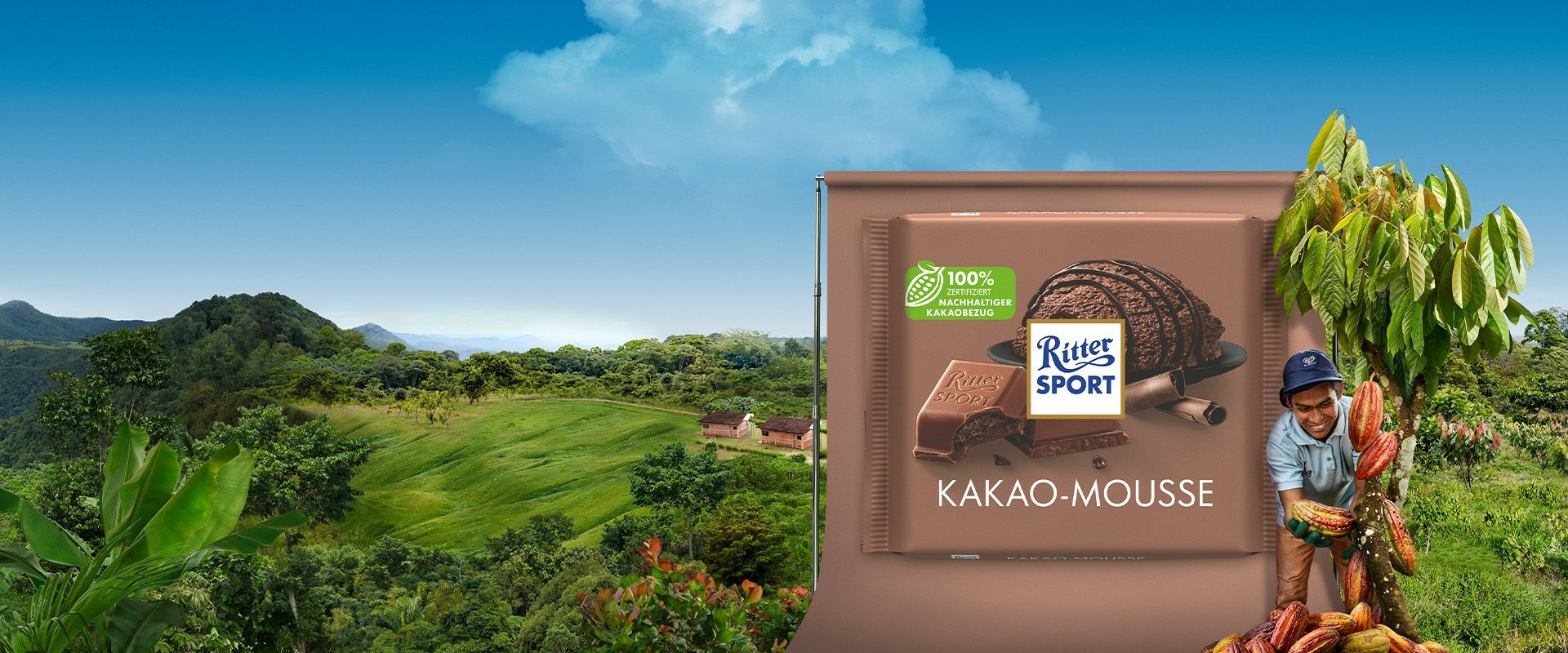 Eine Werbung für Schokoladenmousse mit einer malerischen Landschaft und einem Kakaobauern.