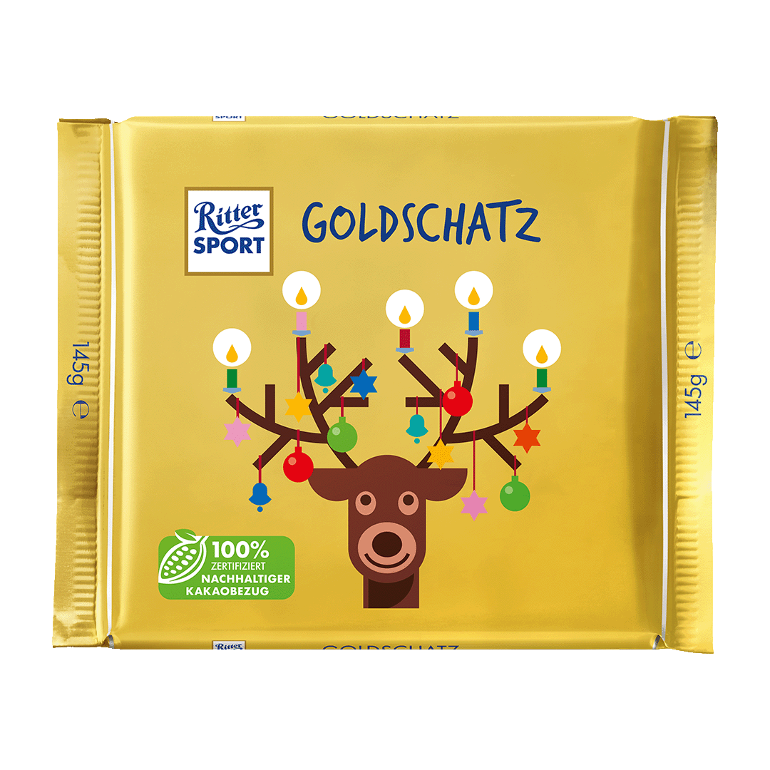 Eine goldene Ritter Sport Tafel mit einem Rentier darauf