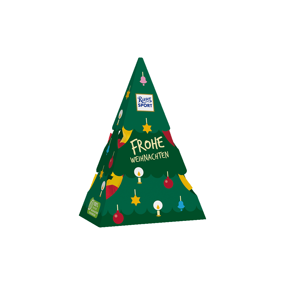 A christmas tree shaped box that says frohe weihnachten