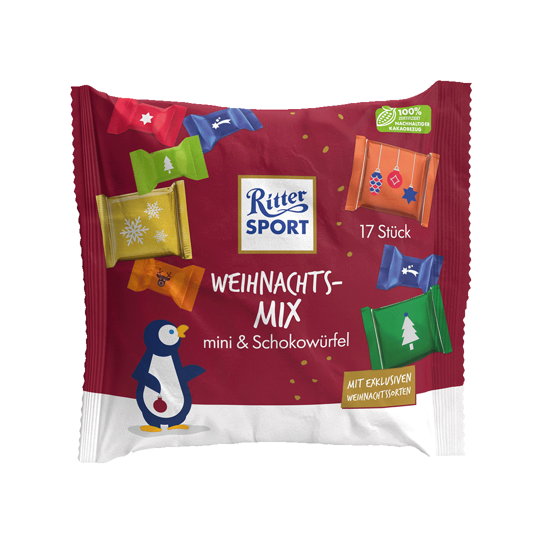 Eine Tüte Ritter Sport Weihnachtsmix mit einem Pinguin darauf