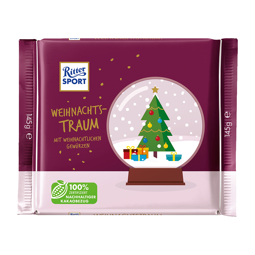 Eine Ritter Sport-Schokolade mit einer Schneekugel und einem Weihnachtsbaum darauf