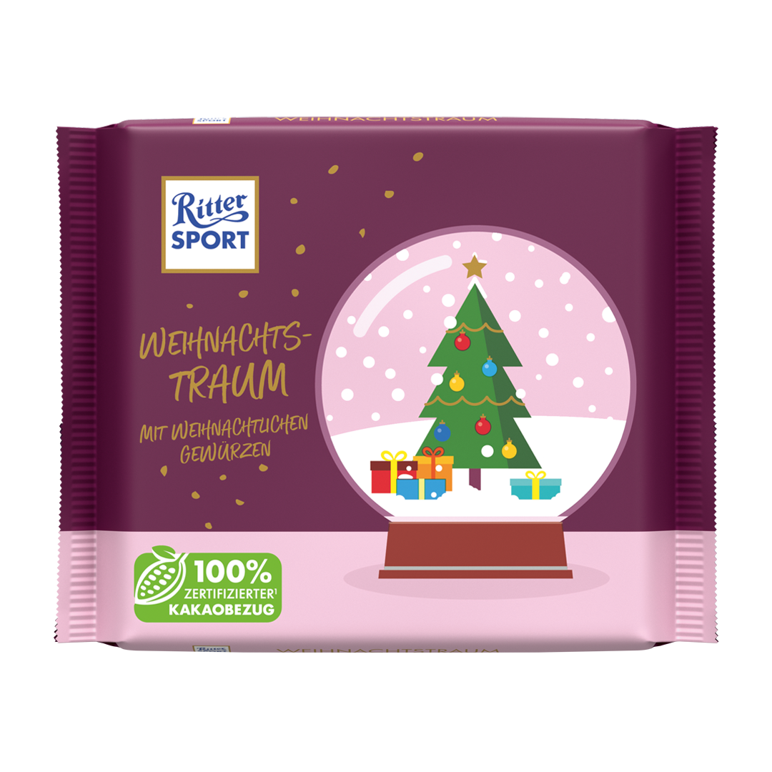 Ritter Sport Tafel mit weihnachtlichem Schneekugel-Design; Farben: Lila und Rosa.