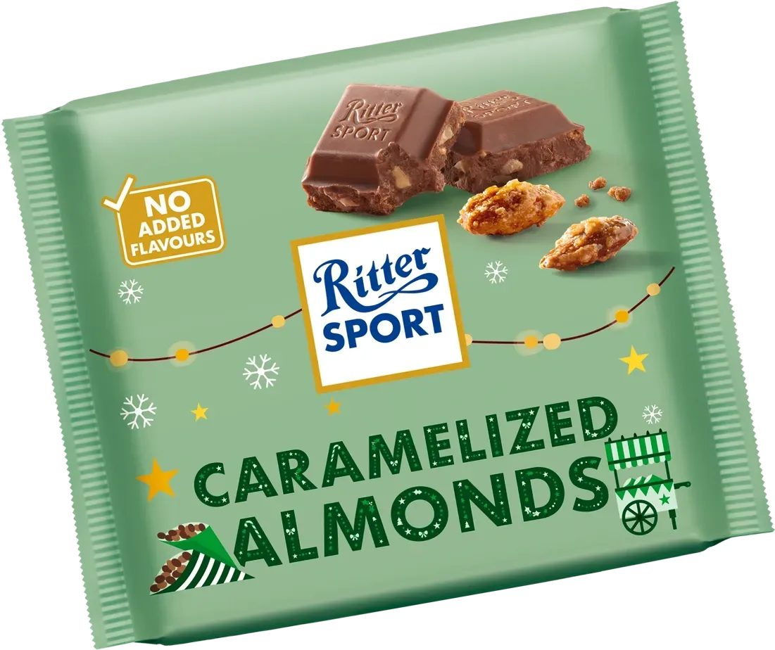 Ritter Sport Caramelized Almonds chocolate bar. Green packaging with chocolate and almonds.