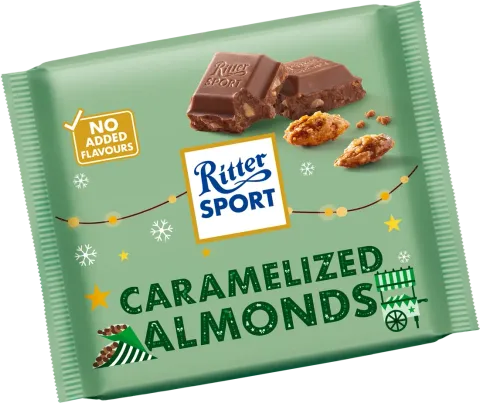 Ritter Sport Caramelized Almonds chocolate bar. Green packaging with chocolate and almonds.