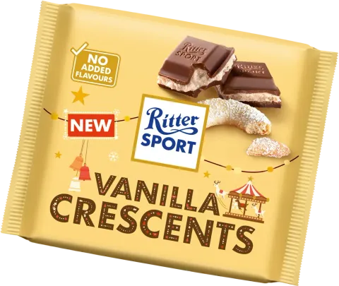 Ritter Sport Vanilla Crescents chocolate bar. Beige packaging with chocolate pieces and crescent cookies. 