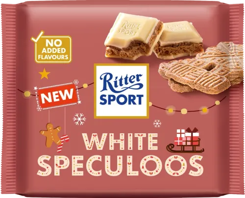 Ritter Sport White Speculoos chocolate bar. White chocolate with speculoos biscuit filling, holiday-themed packaging.