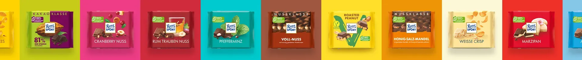 Eine Reihe bunter Ritter Sport Schokoladentafeln