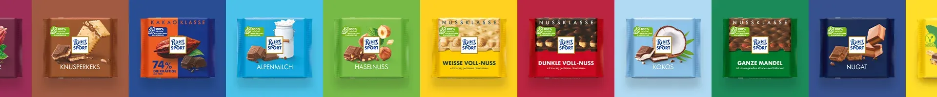 Eine Reihe bunter Ritter Sport Schokoladentafeln