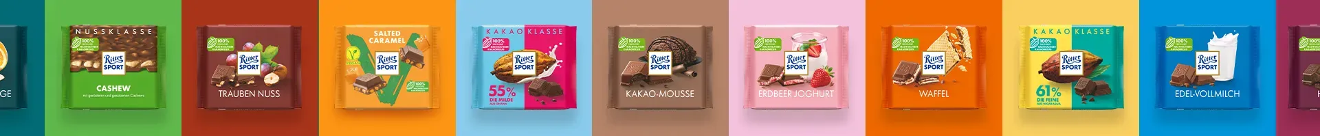 Eine Reihe bunter Ritter Sport Schokoladentafeln