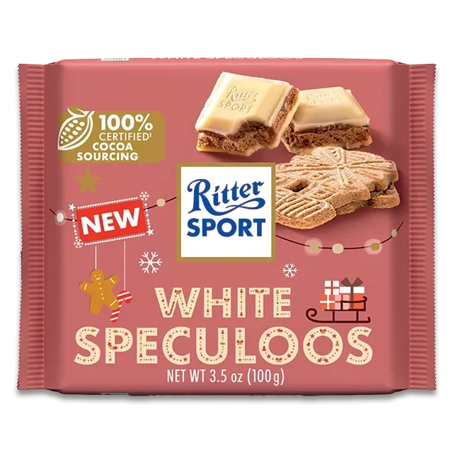 Ritter Sport White Speculoos chocolate bar. White chocolate with speculoos biscuit filling, holiday-themed packaging.