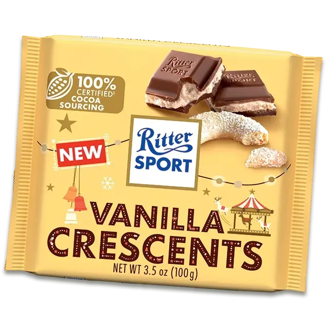 Ritter Sport Vanilla Crescents chocolate bar. Beige packaging with chocolate pieces and crescent cookies.