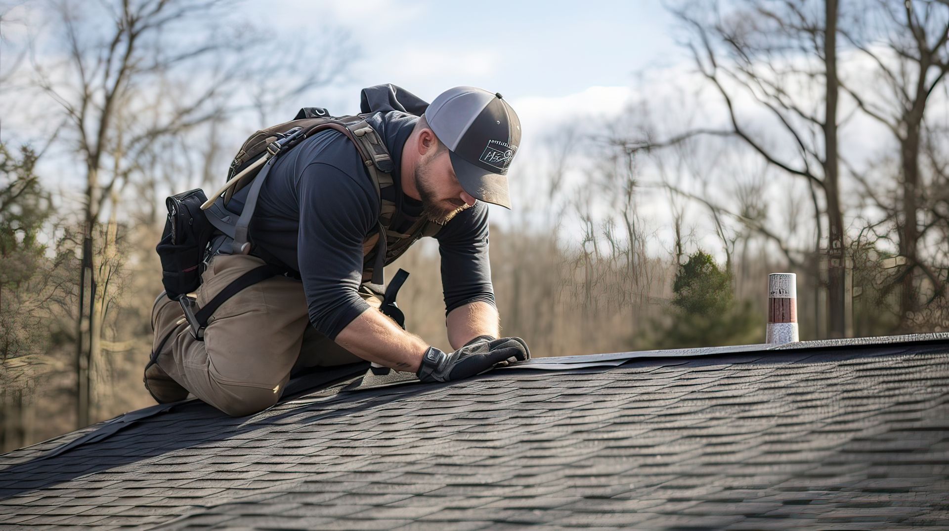 A man is kneeling on top of a roof working on it in Layton, Utah.