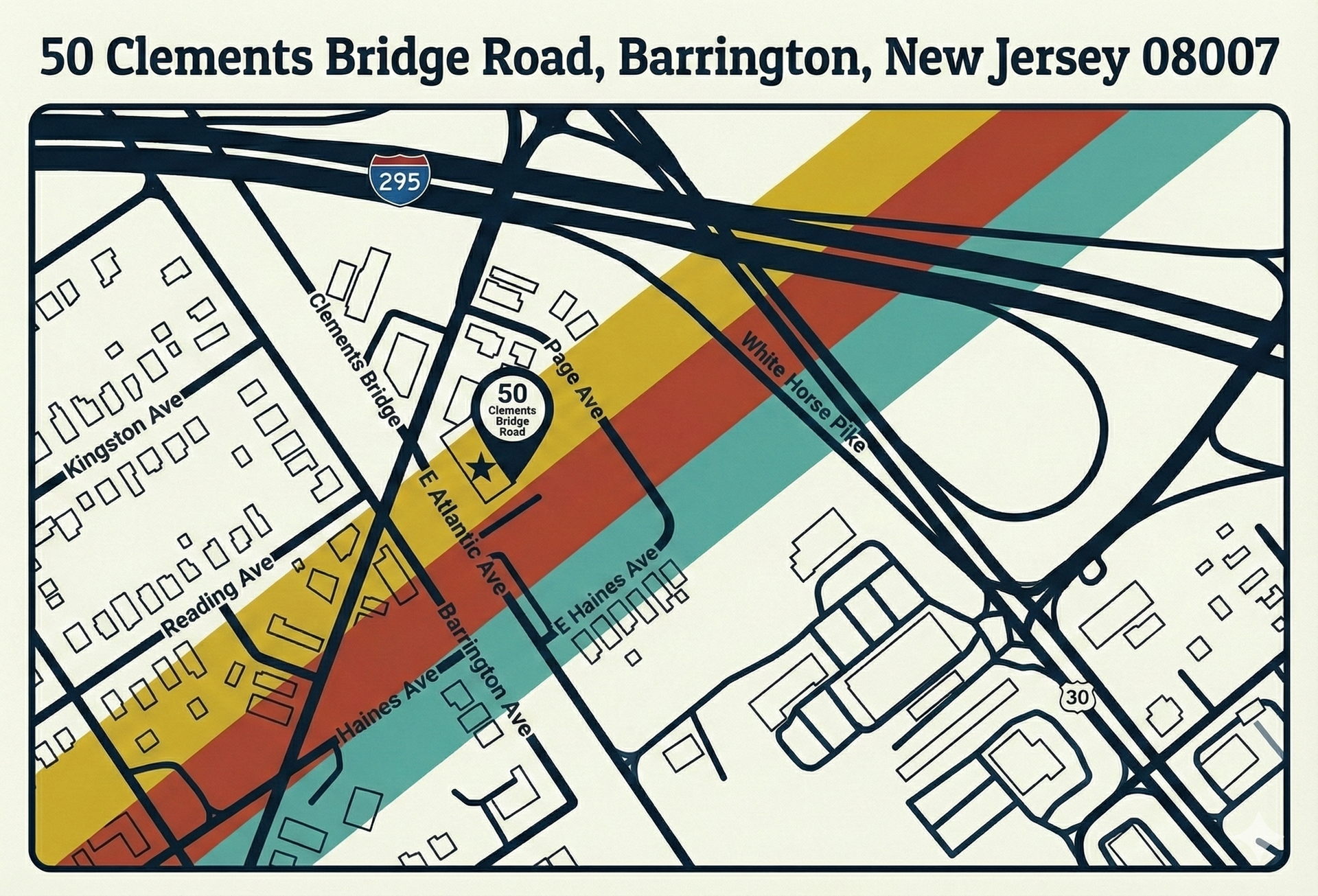 Map of 50 Clements Bridge Road in Barrington, NJ 08007, with highway and colored stripes.