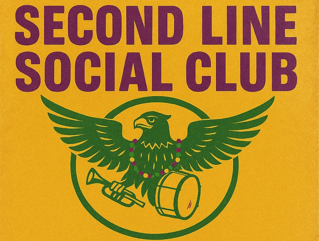 Logo for Second Line Social Club: Purple text on gold background, green eagle holding trumpet and drum.
